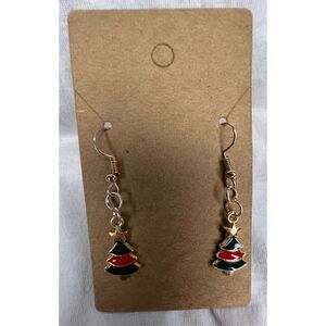 Handmade Green and Red Christmas Tree Dangly Earrings